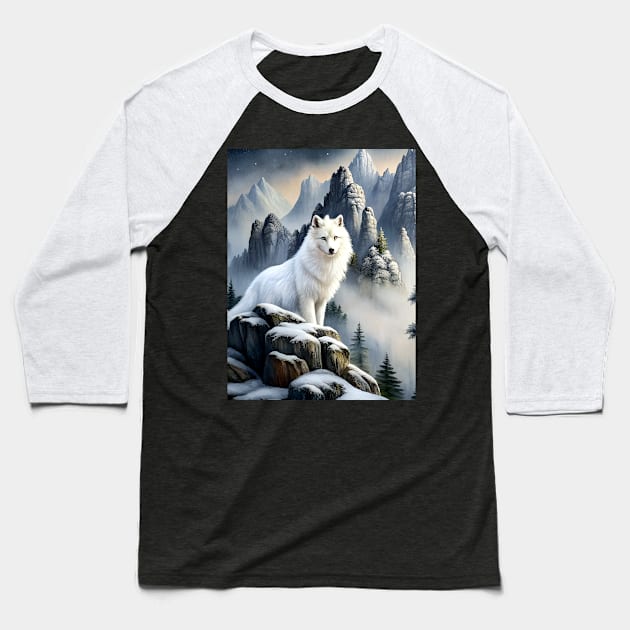 White Wolf Hunting Ground, Winter Mountain Wild Icy Moon, Forest, Galaxy Beautiful gifts Novelty Animal Pattern Fashion T-Shirt T-Shirt Baseball T-Shirt by sofiartmedia